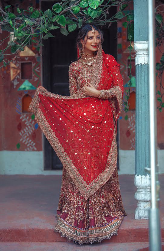 Traditional Pakistani Bridal Lehenga with Gold Embroidery