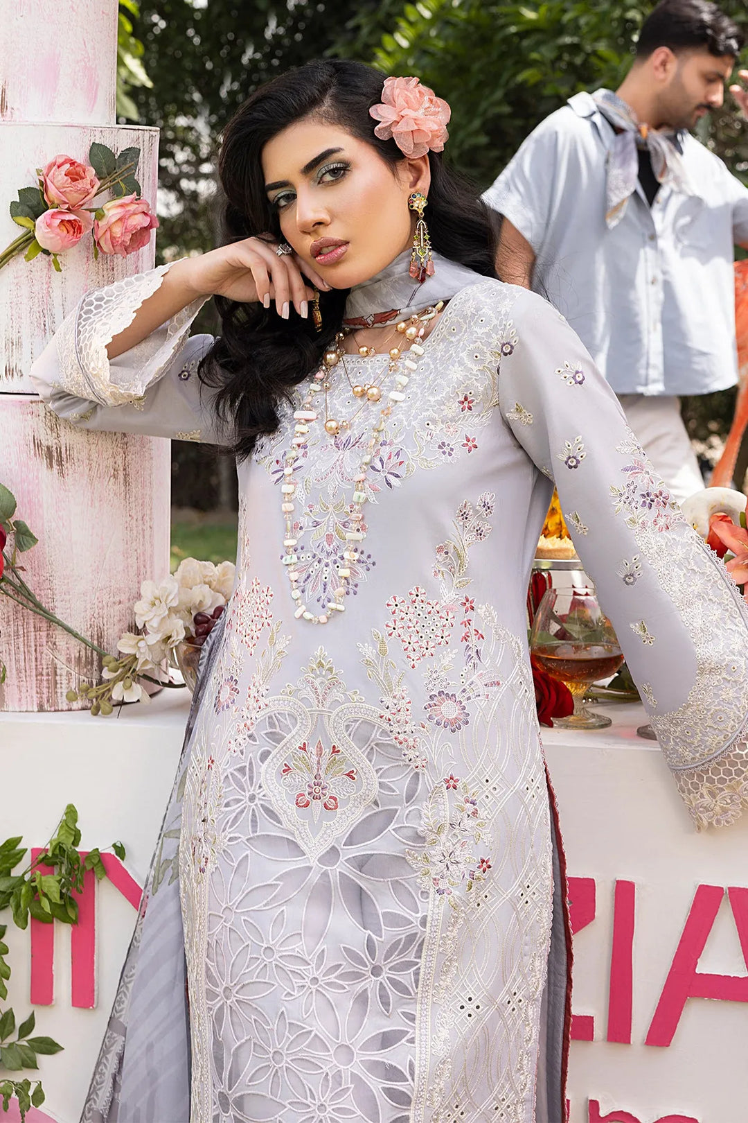 Luxury Net Dress Set With Shawl