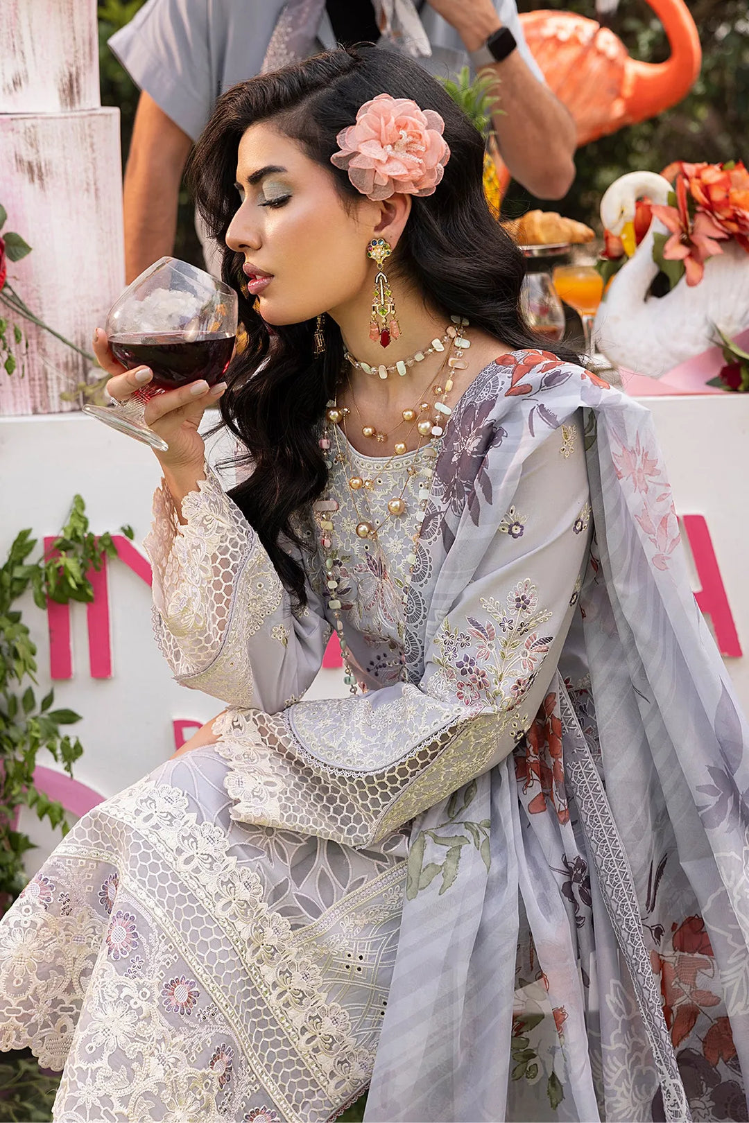 Luxury Net Dress Set With Shawl