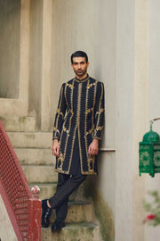 Elegant Black Sherwani with Intricate Gold Work