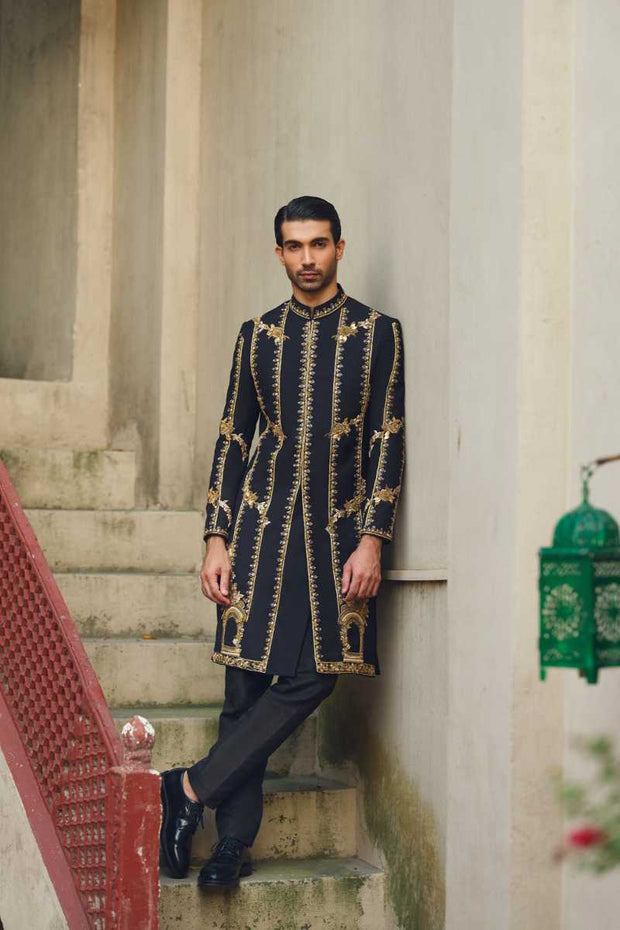 Elegant Black Sherwani with Intricate Gold Work