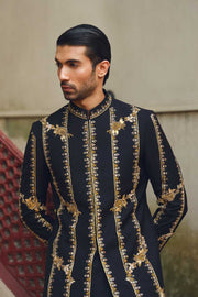 Elegant Black Sherwani with Intricate Gold Work