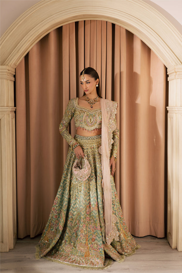 Pastel Pakistani Bridal Dress with Embroidery and Sheer Dupatta