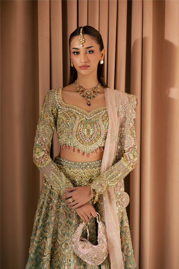 Pastel Pakistani Bridal Dress with Embroidery and Sheer Dupatta