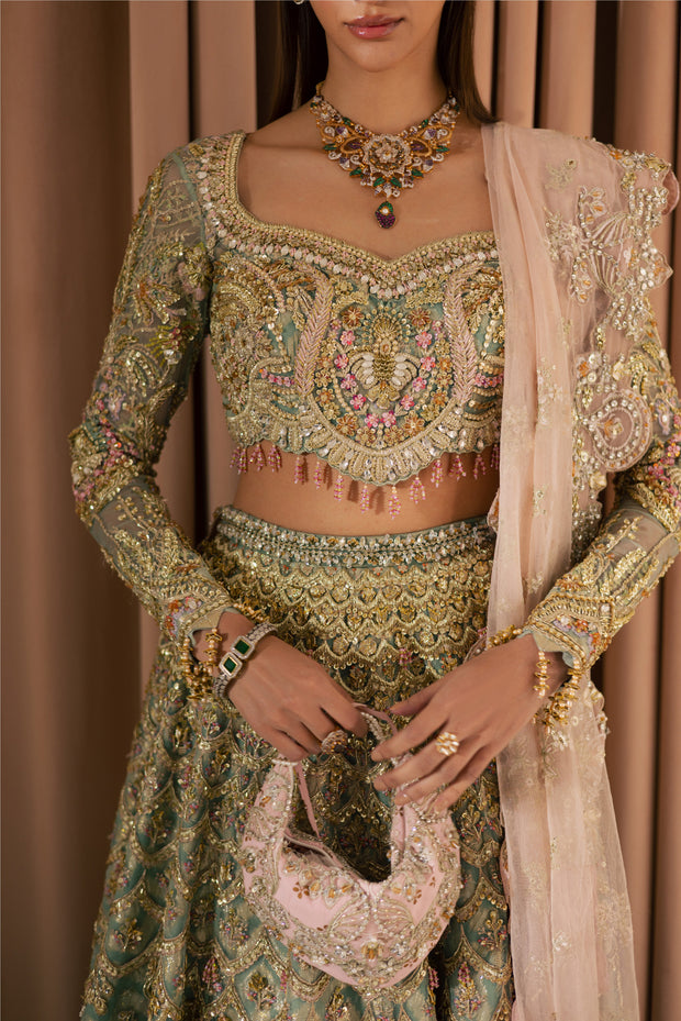 Pastel Pakistani Bridal Dress with Embroidery and Sheer Dupatta