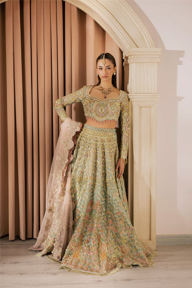 Pastel Pakistani Bridal Dress with Embroidery and Sheer Dupatta