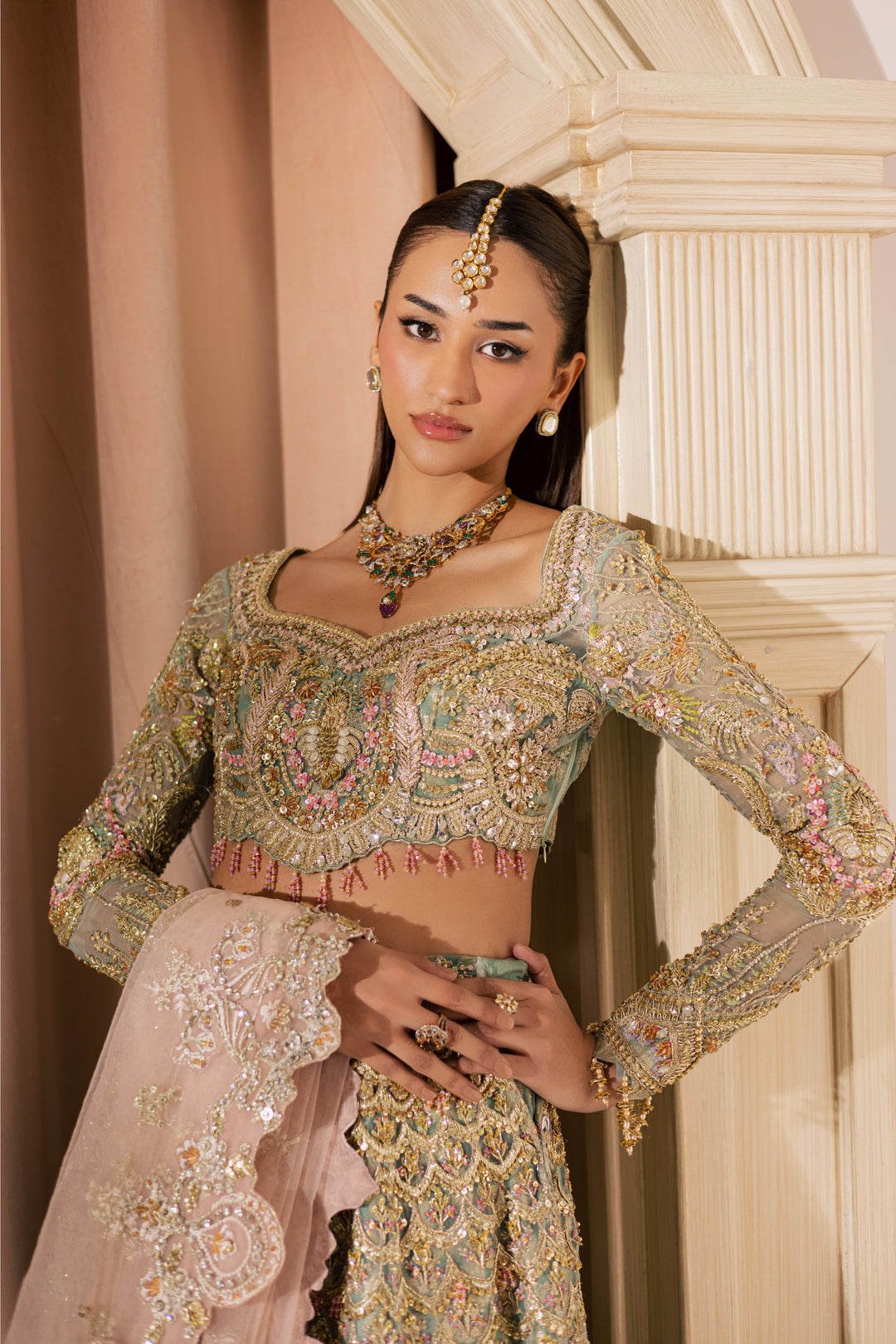 Elegant Pastel Pakistani Bridal Dress with Exquisite Embroidery
