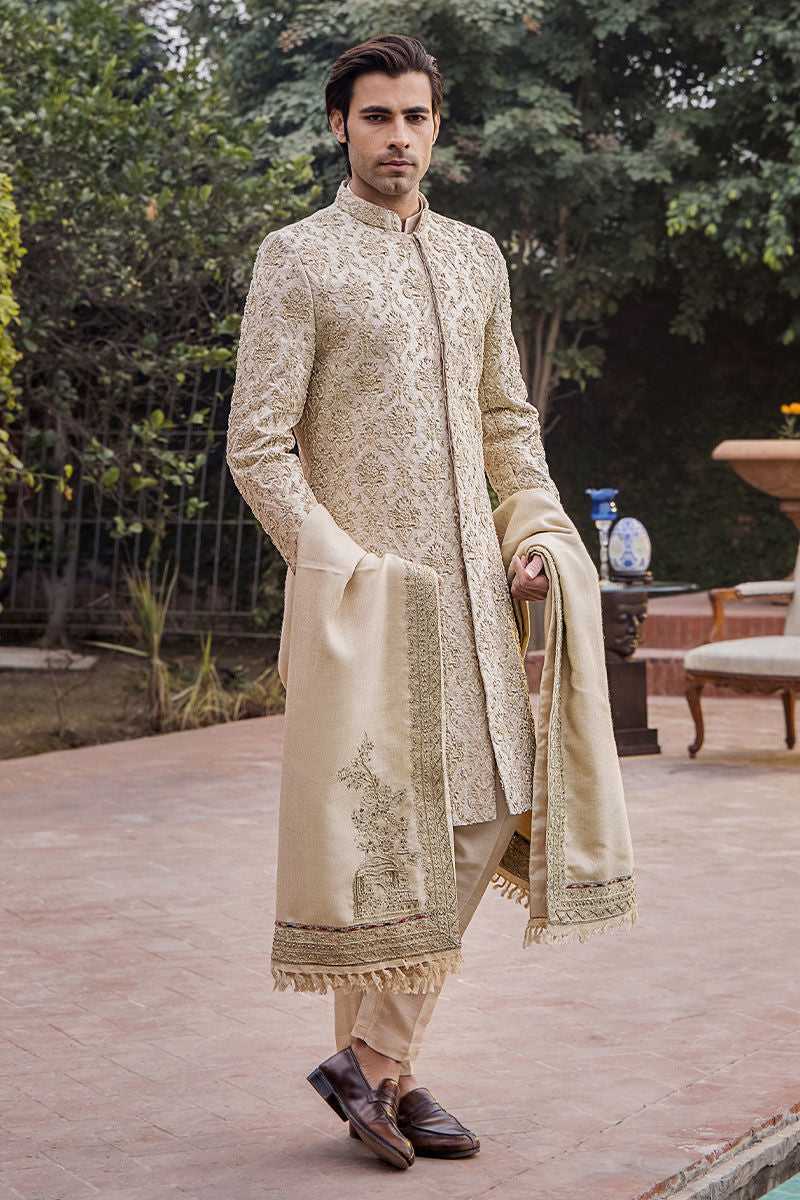 Elegant Ivory Pure Silk Pakistani Sherwani for Weddings