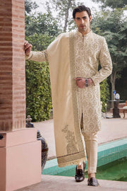Elegant Ivory Pure Silk Pakistani Sherwani for Weddings