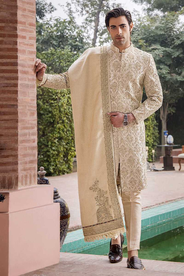Elegant Ivory Pure Silk Pakistani Sherwani for Weddings