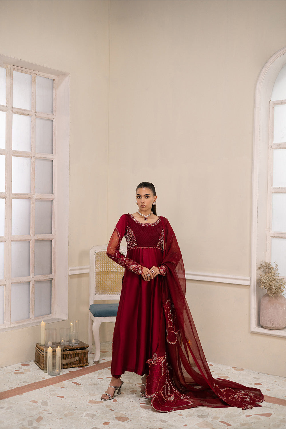 Maroon Embroidered Organza Ensemble with Dupatta Pakistani Dress XLarge