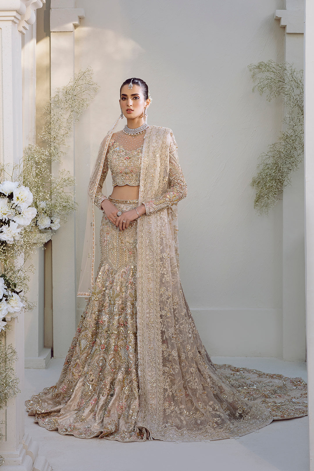 Champagne Beige Pakistani Bridal Dress with Elegant Embroidery