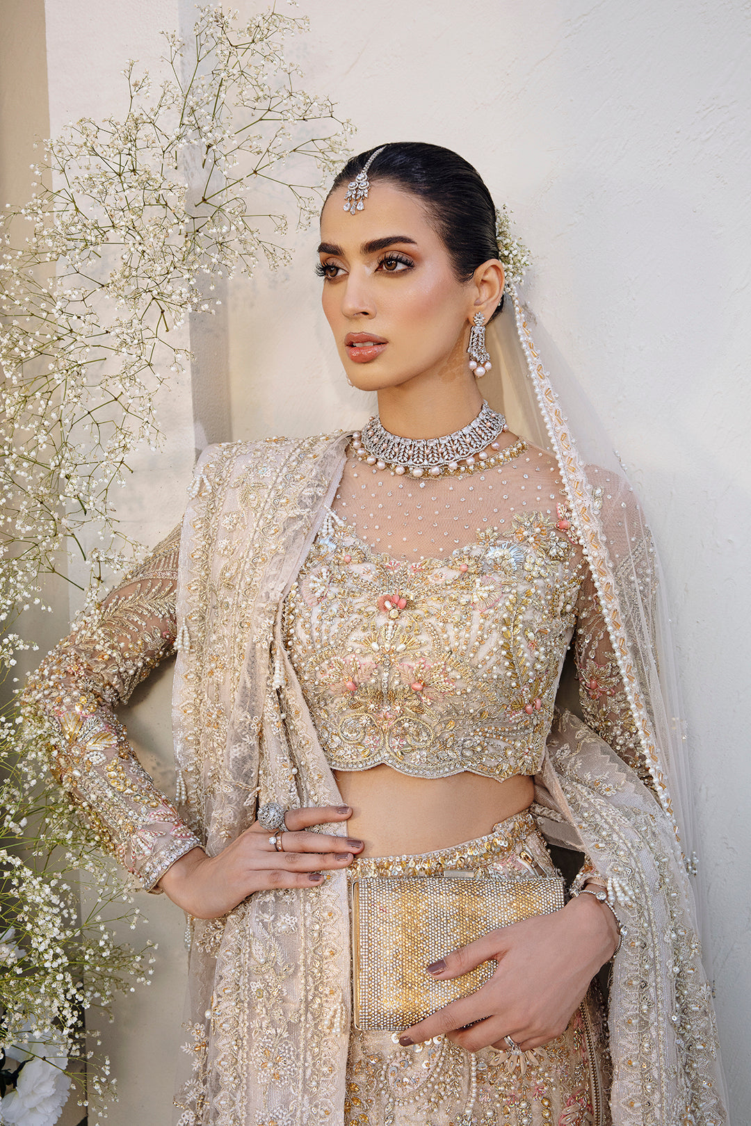 Champagne Beige Pakistani Bridal Outfit with Embellished Lehenga