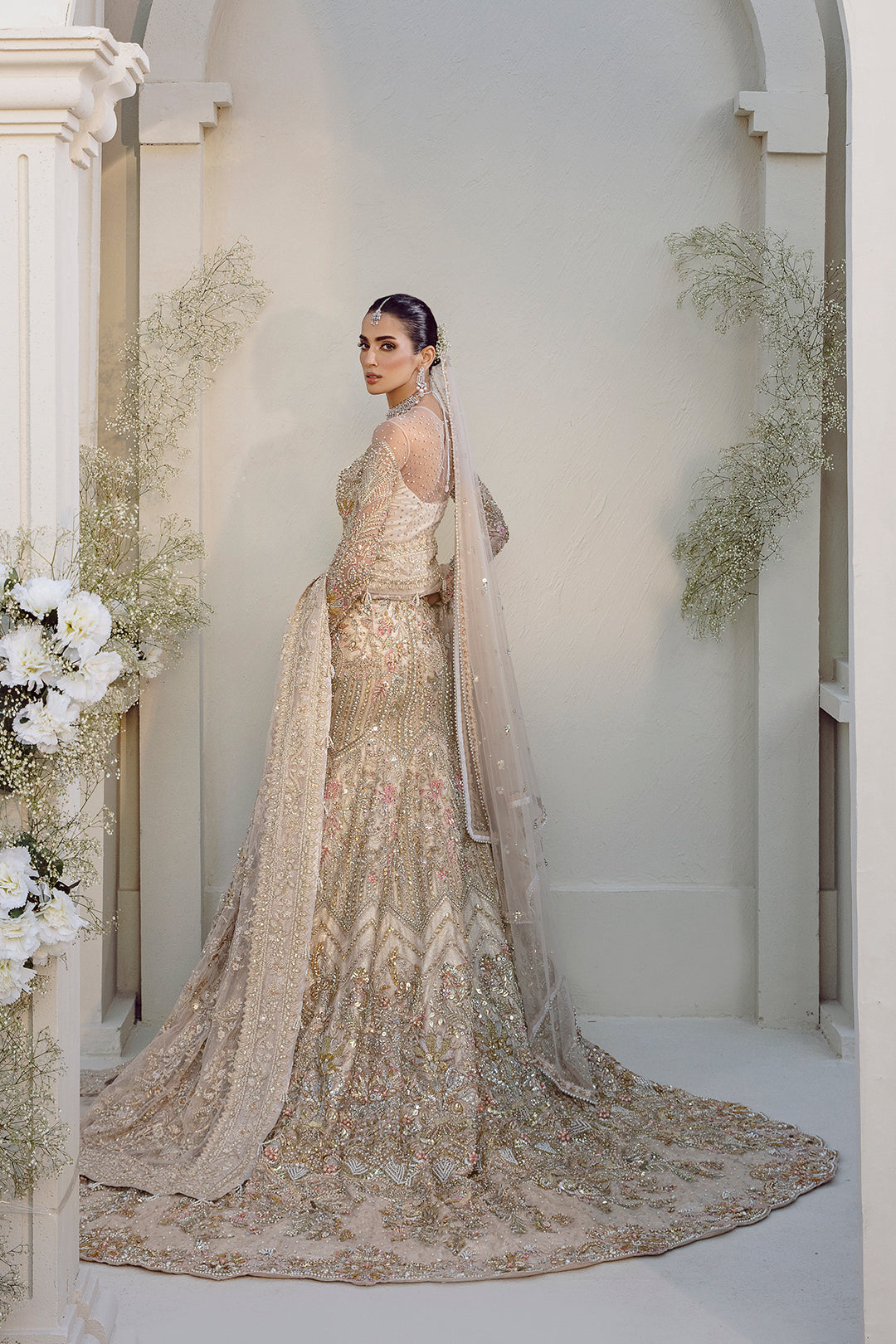 Champagne Beige Pakistani Bridal Dress with Elegant Embroidery Medium