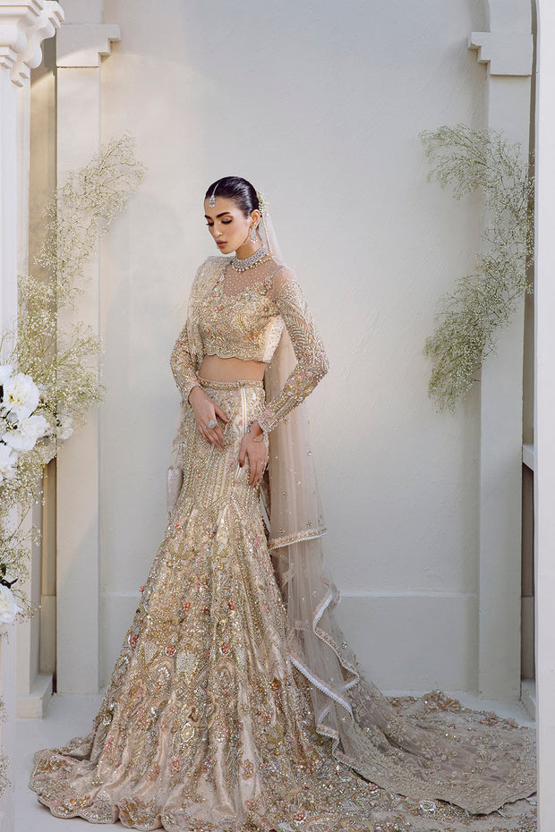 Champagne Beige Pakistani Bridal Dress with Elegant Embroidery