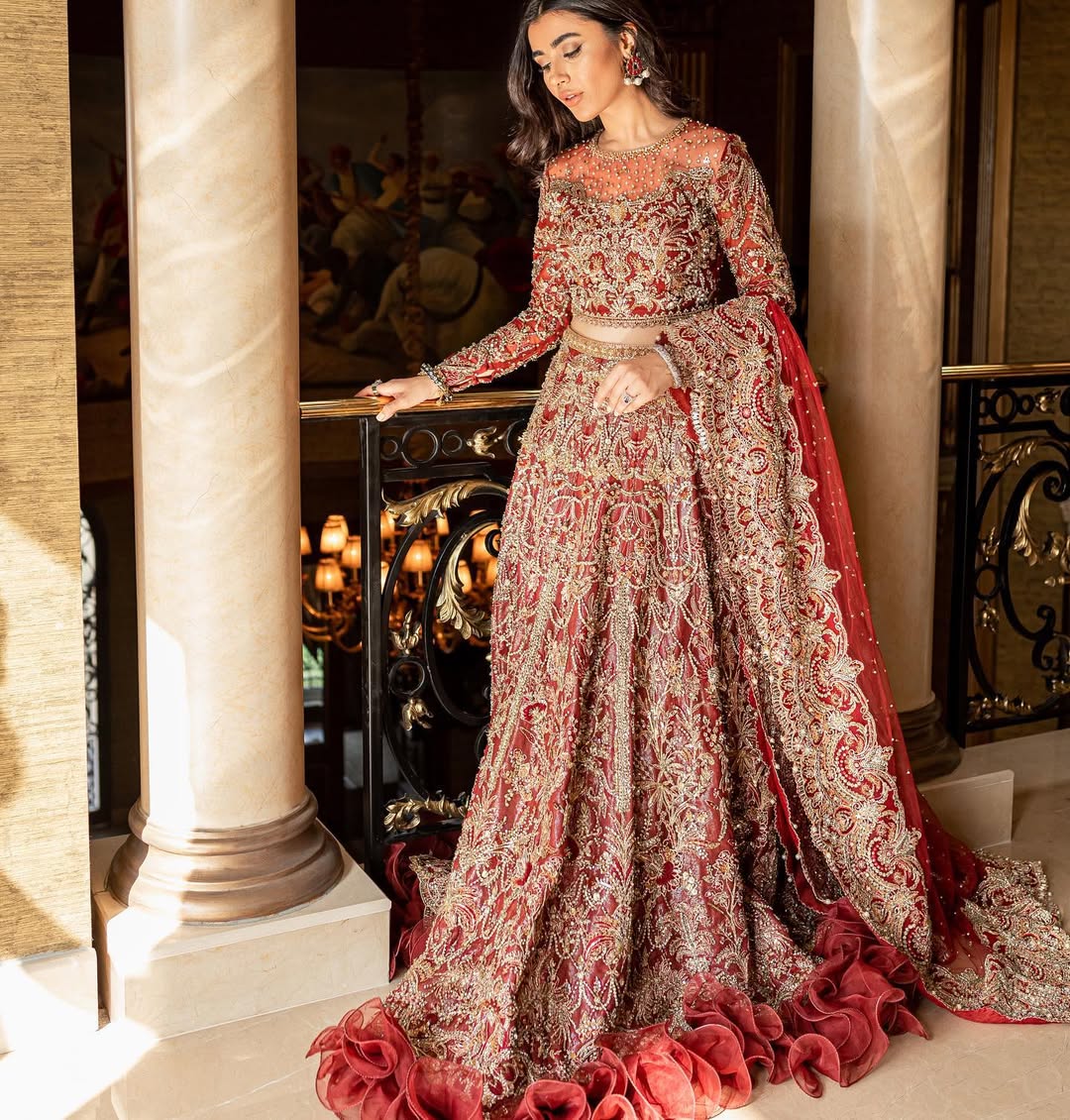 Stunning Deep Red Pakistani Bridal Dress with Pearl Embroidery