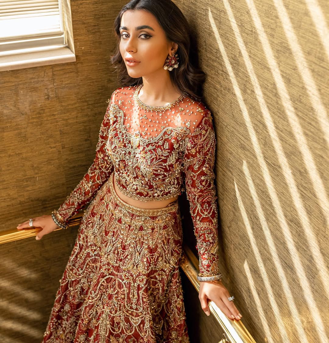 Stunning Deep Red Pakistani Bridal Dress with Pearl Embroidery