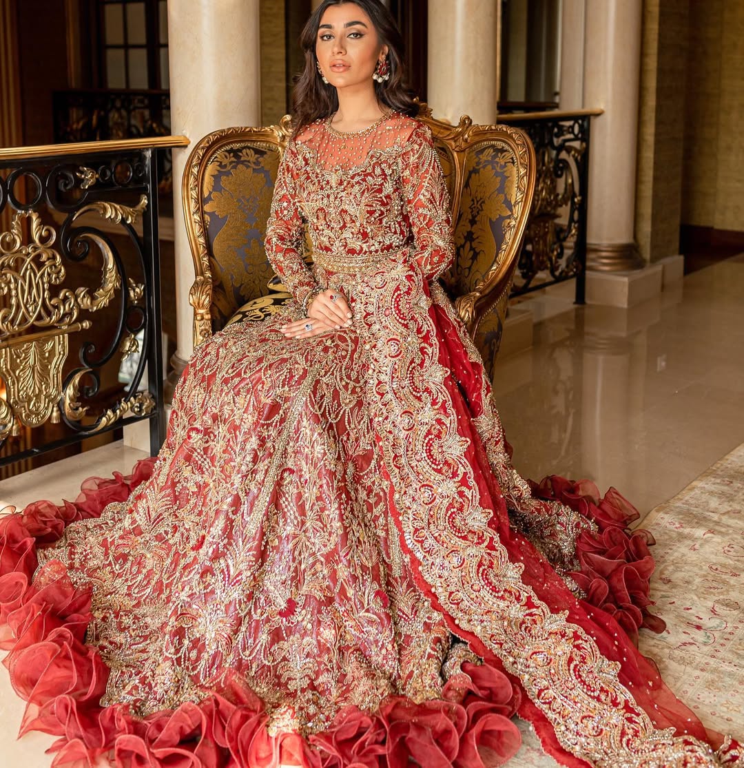 Stunning Deep Red Pakistani Bridal Dress with Pearl Embroidery