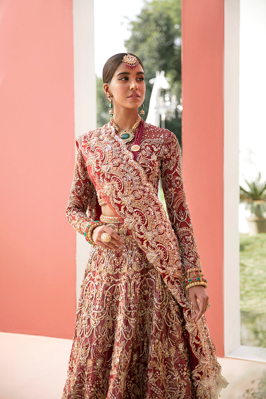 Stunning Deep Red Pakistani Bridal Dress with Pearl Embroidery
