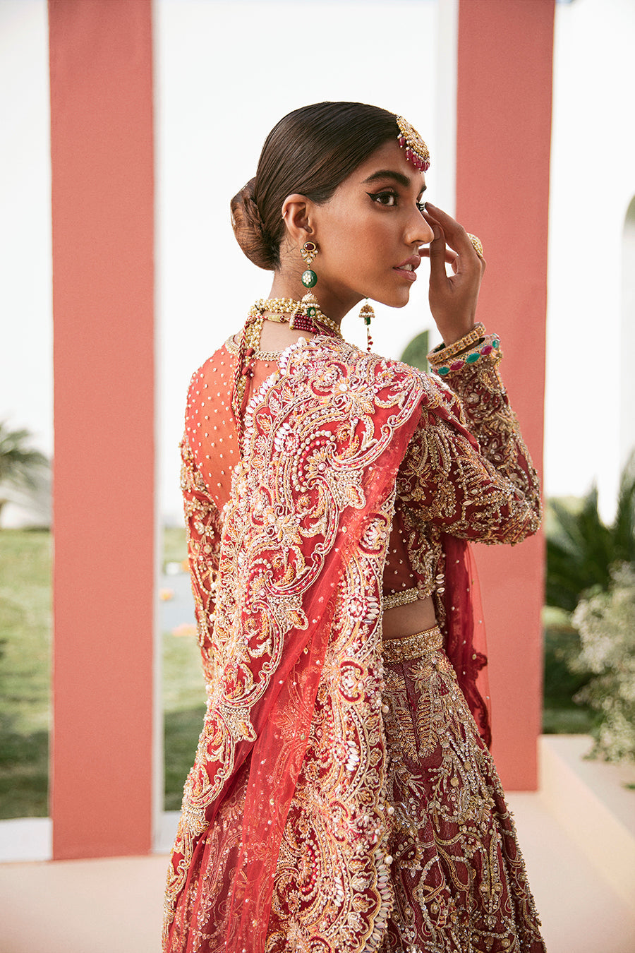 Stunning Deep Red Pakistani Bridal Dress with Pearl Embroidery