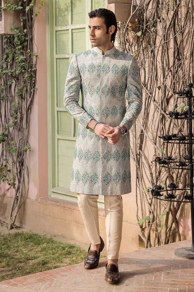 Elegant Aqua Pure Silk Pakistani Sherwani for Special Events