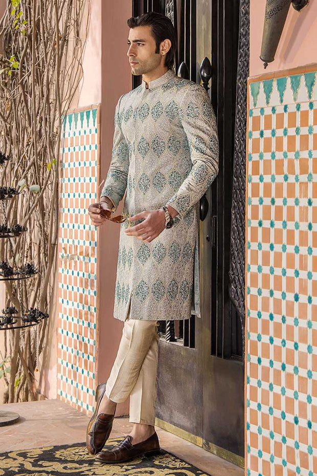 Elegant Aqua Pure Silk Pakistani Sherwani for Special Events