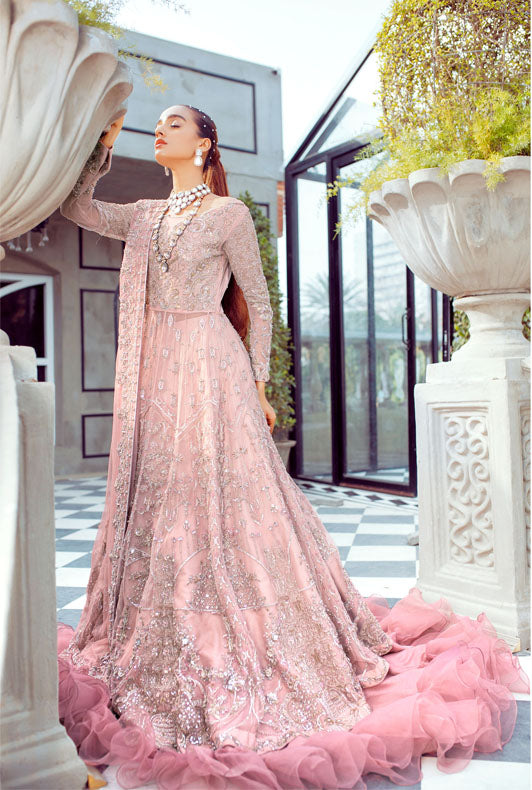 Elegant Light Pink Pakistani Bridal Dress with Ruffles