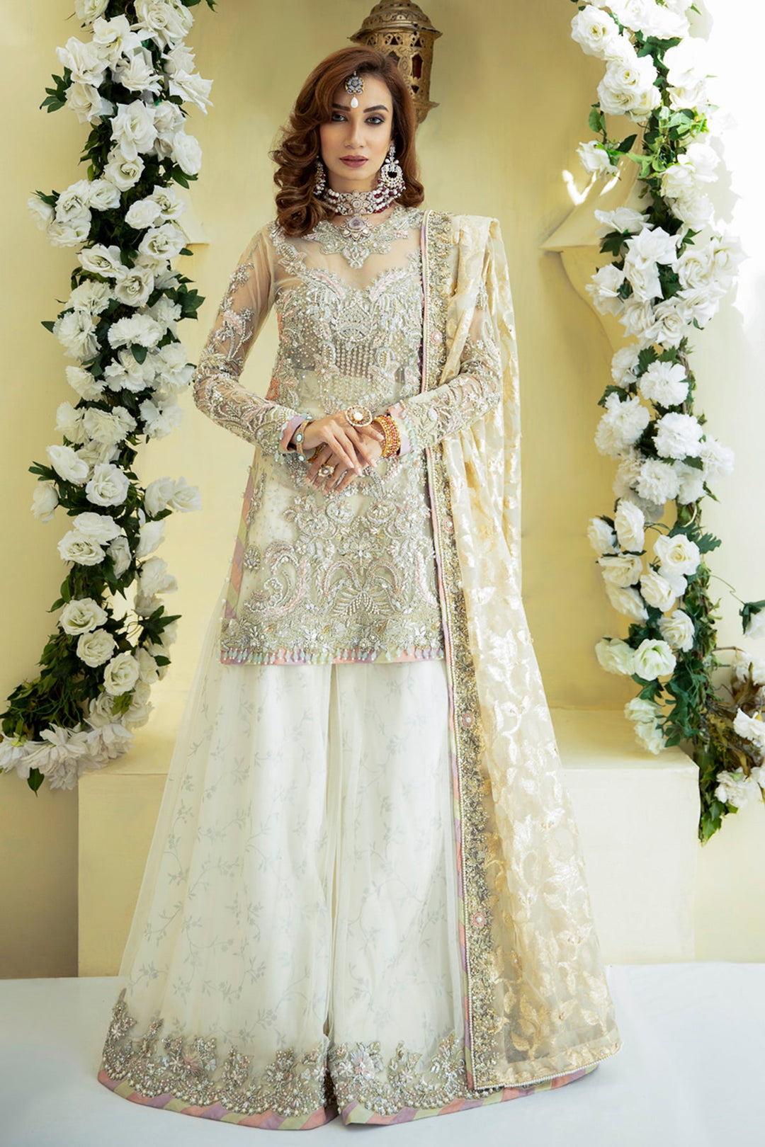 Elegant Off White Pakistani Bridal Dress with Sharara