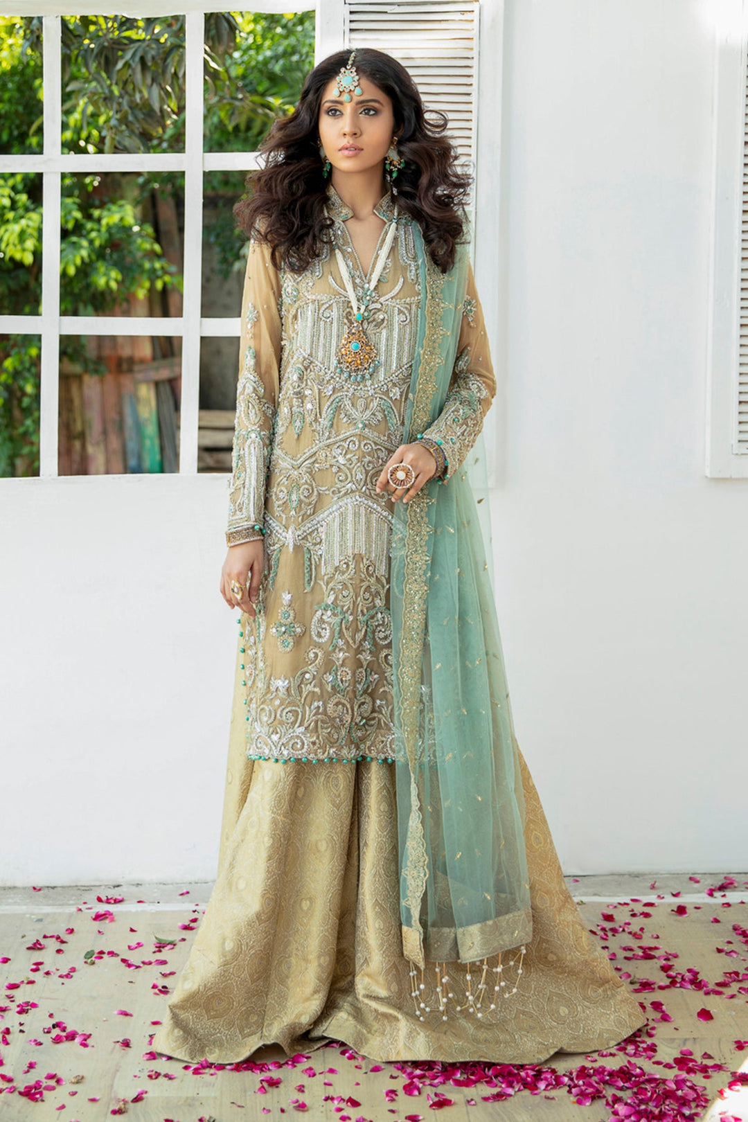 Elegant Golden Pakistani Bridal Dress with Embroidery