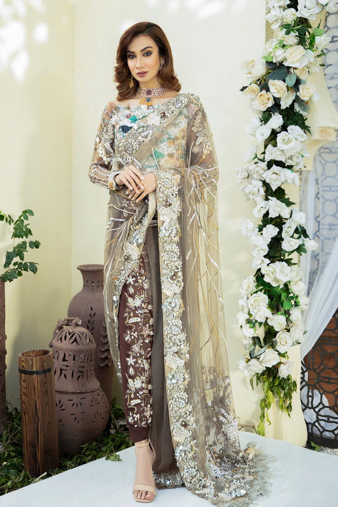 Stylish Pakistani Bridal Dress in Grey and Brown Hues
