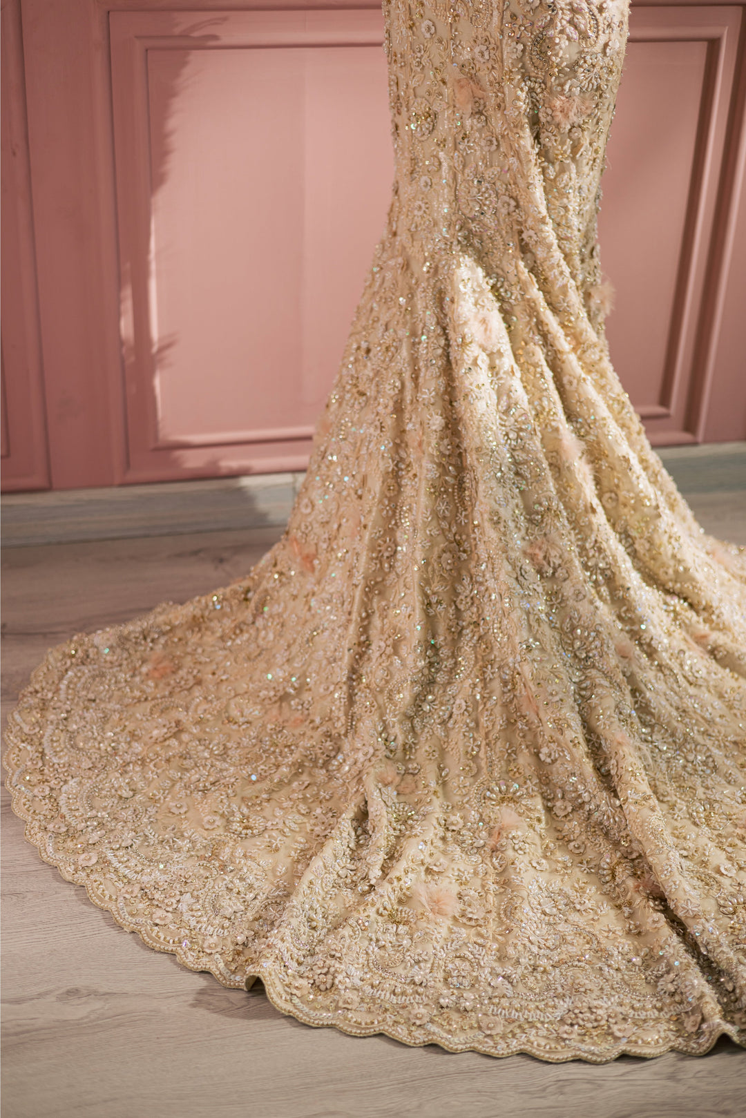 Regal Beige Ivory Pakistani Bridal Dress with Floral Embroidery