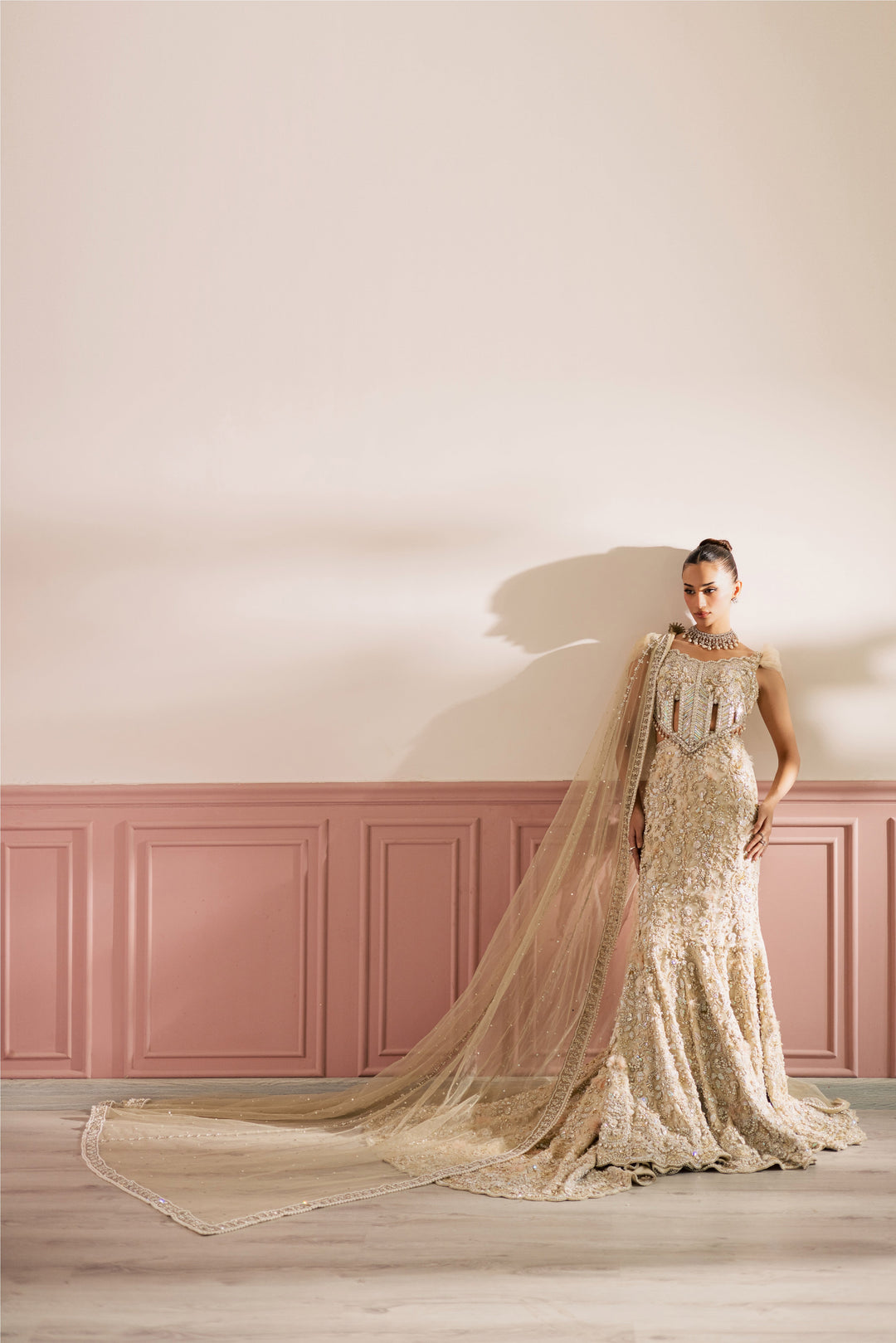 Regal Beige Ivory Pakistani Bridal Dress with Floral Embroidery