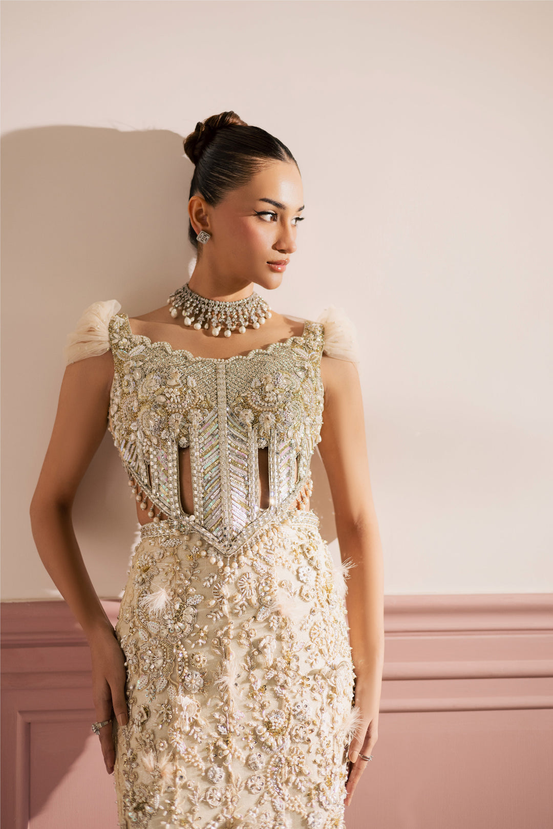 Regal Beige Ivory Pakistani Bridal Dress with Floral Embroidery