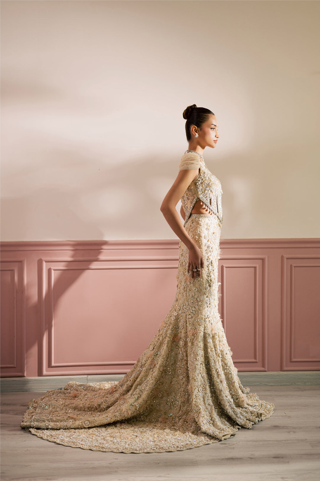 Regal Beige Ivory Pakistani Bridal Dress with Floral Embroidery