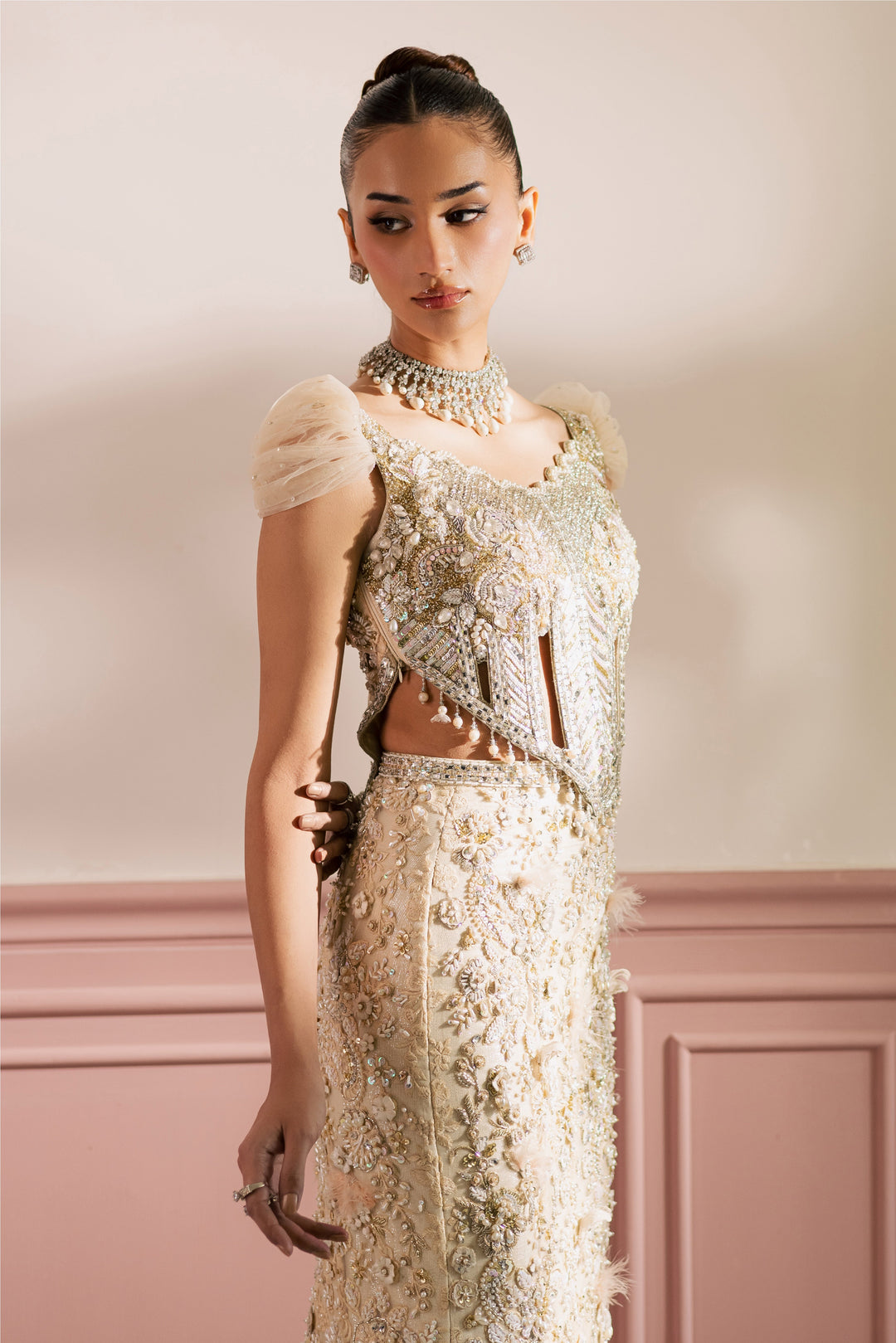 Regal Beige Ivory Pakistani Bridal Dress with Floral Embroidery