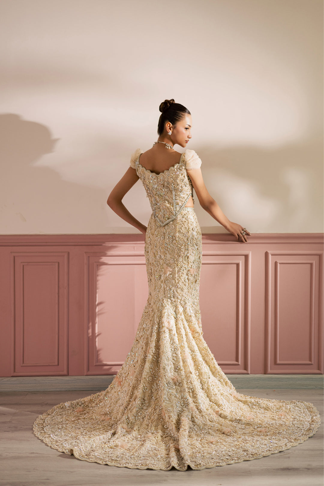 Regal Beige Ivory Pakistani Bridal Dress with Floral Embroidery