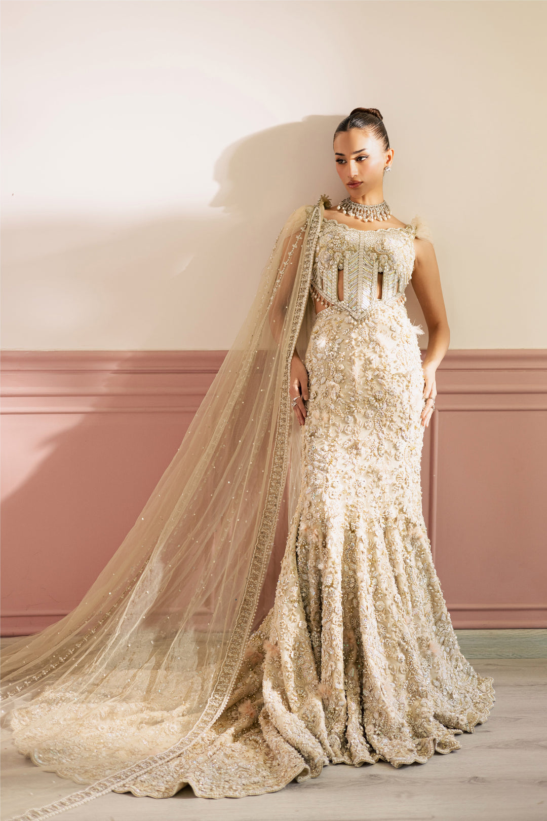 Regal Beige Ivory Pakistani Bridal Dress with Floral Embroidery