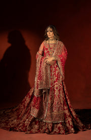 Raspberry Red Pakistani Bridal Lehenga Set with Trail