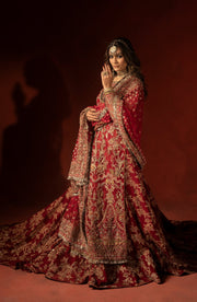 Raspberry Red Pakistani Bridal Lehenga Set with Trail