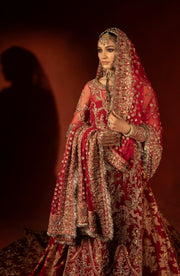 Raspberry Red Pakistani Bridal Lehenga Set with Trail