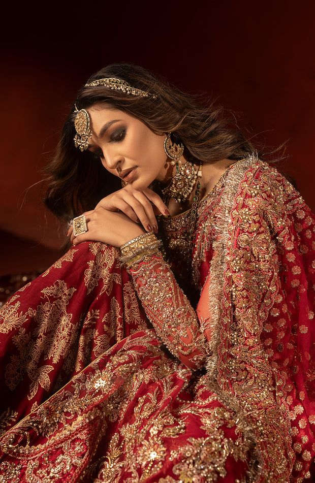 Raspberry Red Pakistani Bridal Lehenga Set with Trail