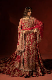 Raspberry Red Pakistani Bridal Lehenga Set with Trail