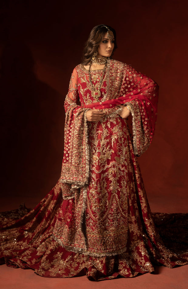 Raspberry Red Pakistani Bridal Lehenga Set with Trail