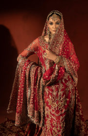 Raspberry Red Pakistani Bridal Lehenga Set with Trail