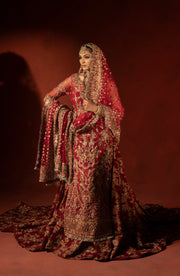 Raspberry Red Pakistani Bridal Lehenga Set with Trail
