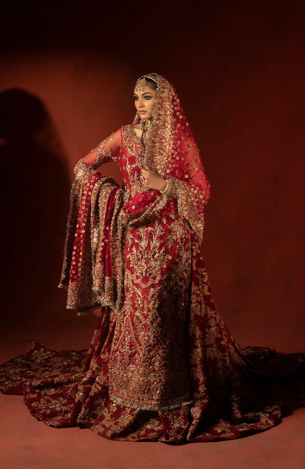 Raspberry Red Pakistani Bridal Lehenga Set with Trail