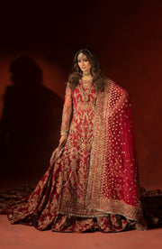 Raspberry Red Pakistani Bridal Lehenga Set with Trail