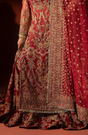 Raspberry Red Pakistani Bridal Lehenga Set with Trail