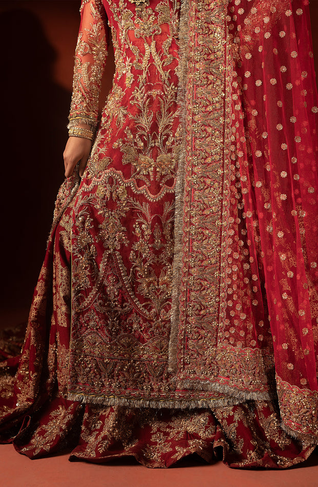 Raspberry Red Pakistani Bridal Lehenga Set with Trail