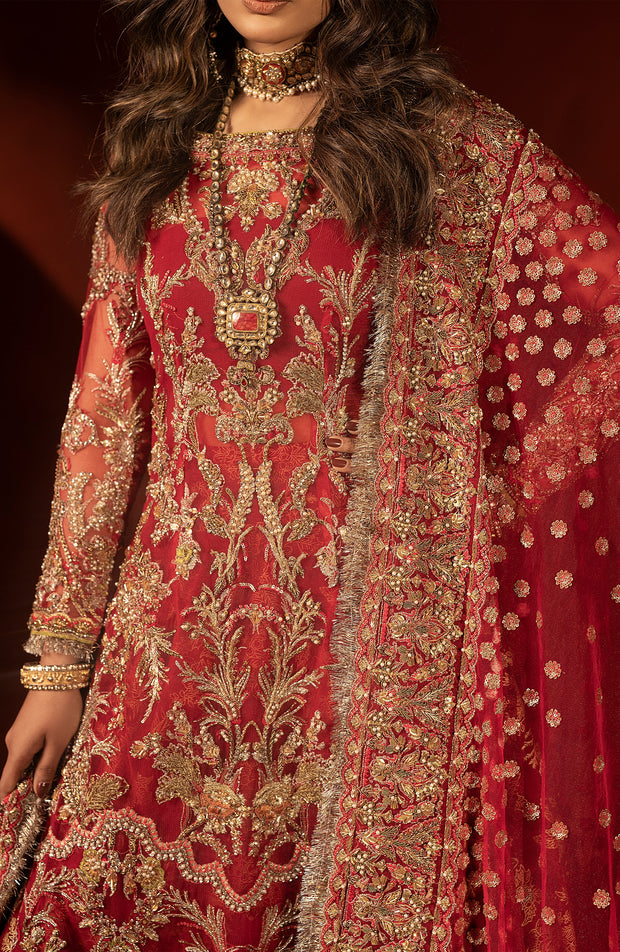 Raspberry Red Pakistani Bridal Lehenga Set with Trail